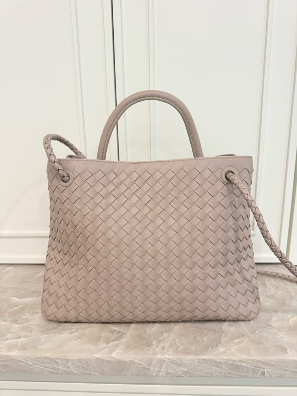 NWOT Quince Italian Leather Taupe Handwoven Satchel Bag - Picture 8 of 14